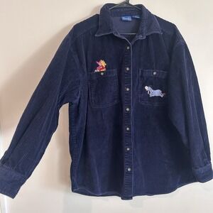 Vtg Disney Pooh Corduroy Shirt Women's Sz XL Embroidered Eeyore Piglet Blue